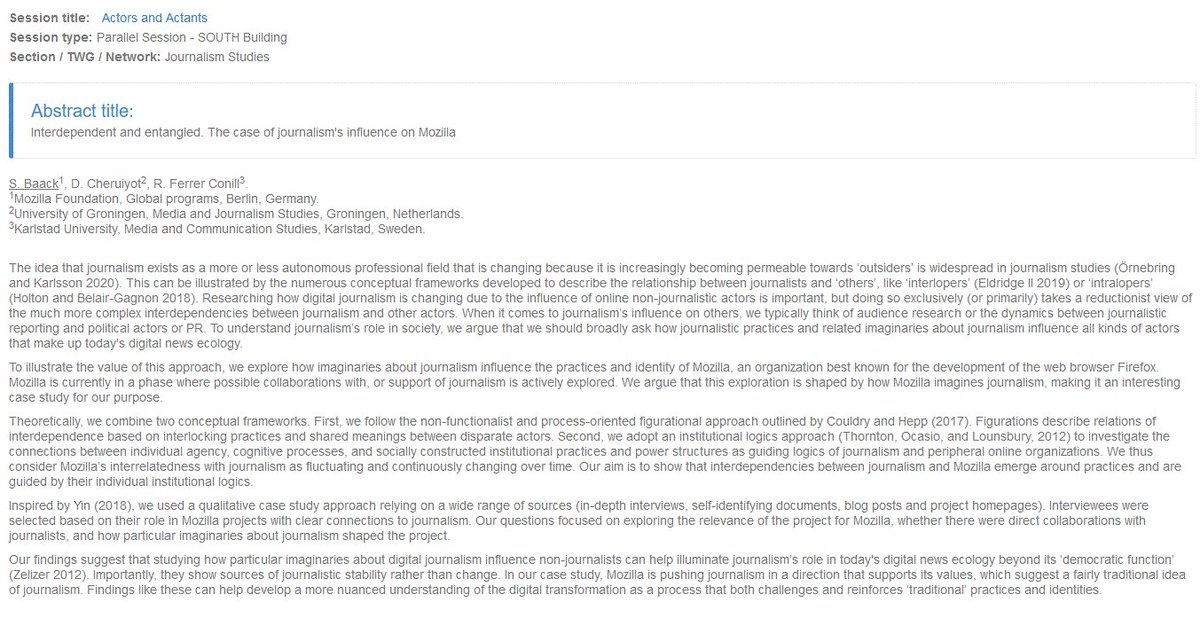 Also at 11h, in 1252-310 Jeppe Vontilius, <a href="/DavidCheruiyot/">David Cheruiyot</a> will present "Interdependent and entangled. The case of journalism's influence on Mozilla", with former <a href="/univgroningen/">University of Groningen</a> PhD student <a href="/tweetbaack/">Dr. Stefan Baack | @tootbaack@infosec.exchange</a> &amp; <a href="/raufercon/">Raul Ferrer-Conill</a> #ECREA2022 <a href="/univgroningen/">University of Groningen</a>