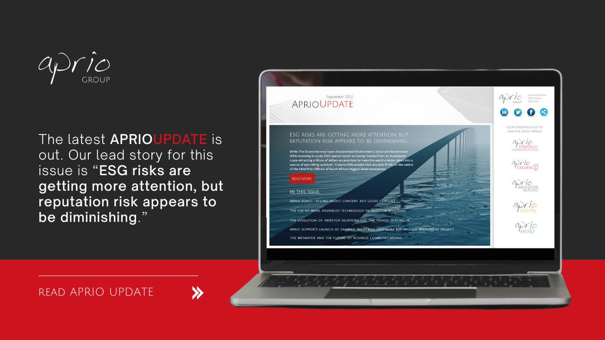 Aprio_Group's tweet photo. Read our latest Aprio Update here: https://t.co/WCtPixWppg

Our lead story unpacks ESG-related risks which are now firmly on the radars of the Chief Risk Officers of South Africa’s biggest listed enterprises. To find out more, see: https://t.co/OsJzHMJ1BZ https://t.co/CQIgAgdNA5