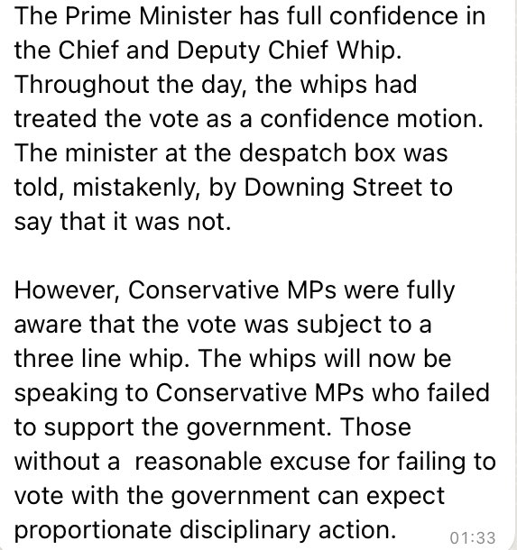 PippaCrerar's tweet photo. ⏰We start the morning where we left off last night… with govt in chaos. 

No 10 sent statement at 1.33am saying fracking vote *was* a confidence vote after all.

Tory MPs who broke whip will face “disciplinary action”. https://t.co/AQTsaq9efB