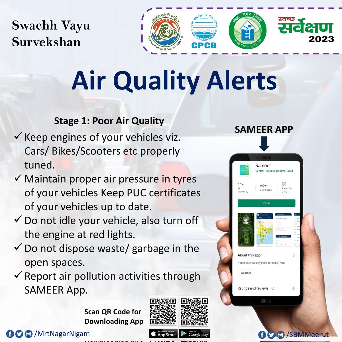 MrtNagarNigam's tweet photo. Air Quality Alerts | Poor Air Quality #SwachhSurvekshan2023 #SwachhSurvekshan2023Meerut #DownloadSameerNow
#Sameer
@SwachSurvekshan
@SwachhBharatGov
@moefcc
@NagarVikasUP
@PIB_India
@mygovindia @CPCB_OFFICIAL @CAQM_Official https://t.co/ZBuvlEykAo
