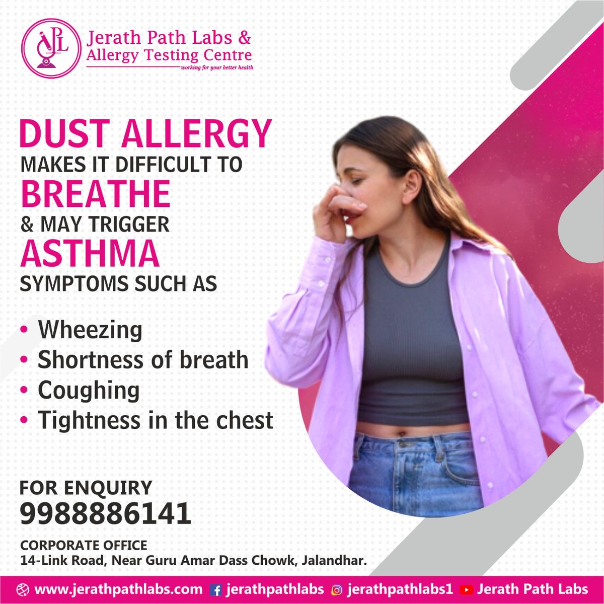 JerathLabs's tweet image. Dust allergy makes it difficult to breathe and may trigger Asthma Symptoms, such as wheezing, coughing, tightness in the chest and shortness of breath. Book-A-Test-Today, call us on: 9988886141 or visit our website: jerathpathlabs.com 
#JerathPathLabs #JPL #skinallergy
