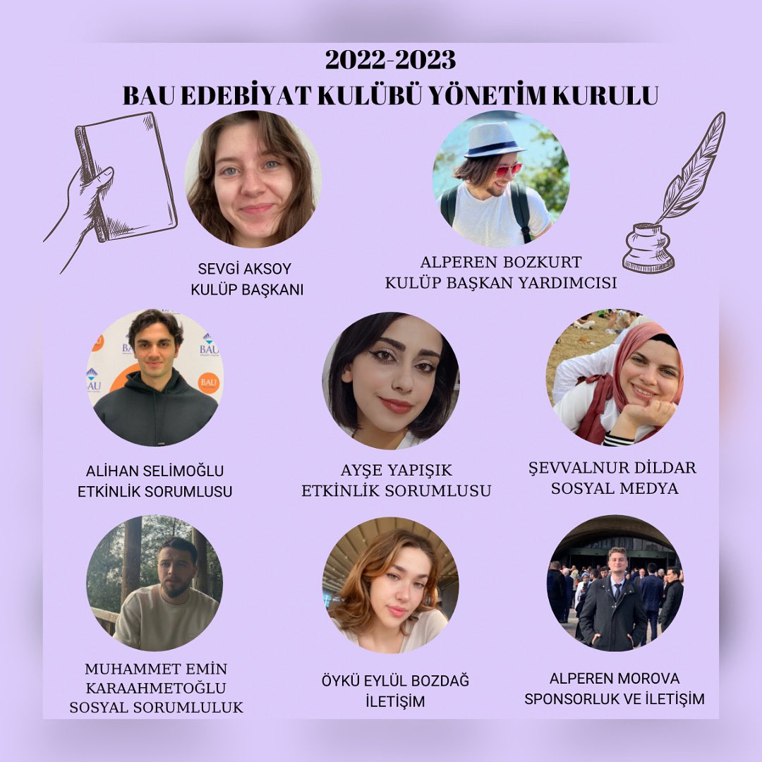 BauEdeb's tweet photo. 2022-2023 Dönemi BAU Edebiyat Kulübü Yönetim Kurulu’nu duyurmaktan gurur duyuyoruz!🎉

Yönetim kurulundaki yeni yüzlerle geçen yılın çok sevilen etkinliklerinin devamını getirmeyi ve taze fikirlerle sizleri buluşturmayı heyecanla bekliyoruz!🤩

Bizi takipte kalın! https://t.co/oZUH5J2eqq