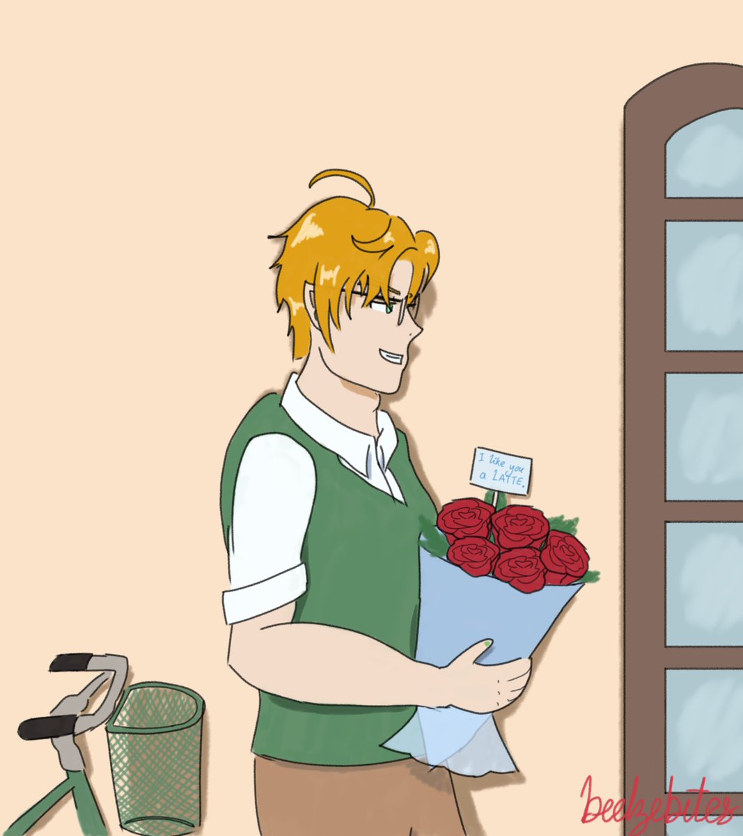encyclomewdia's tweet photo. "No matter how hard I think about which flower I want to give you... the only one that comes to mind is a rose."

Barista!Gigi and her favourite customer Satan for #SatanCollab2022 🌹☕️

#obeymesatan #obeymemc https://t.co/3VHp2Gy3DY