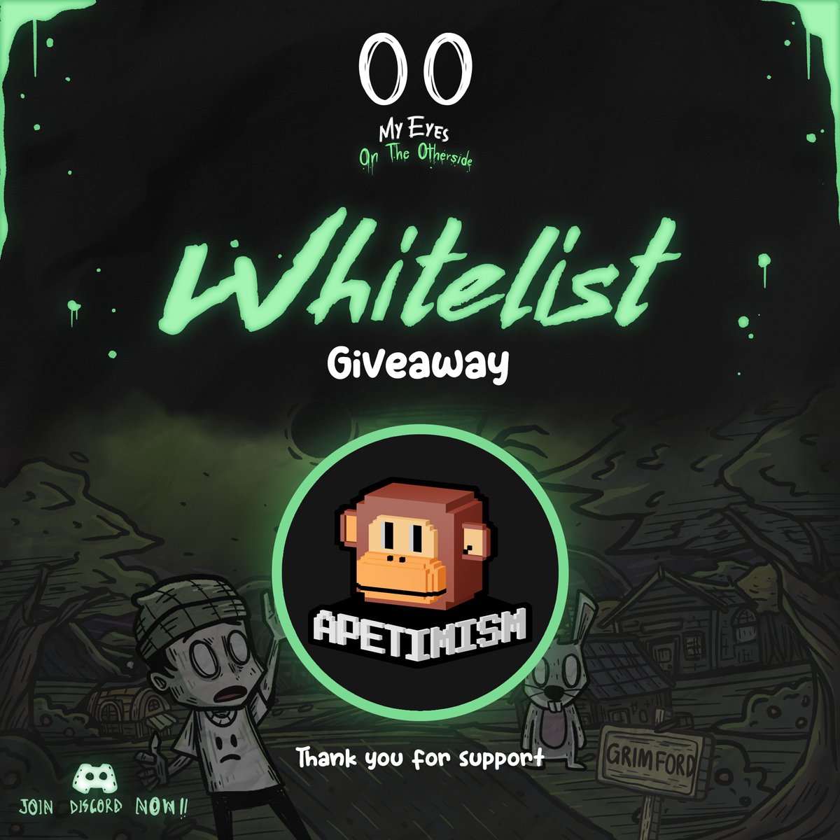 Apetimism's tweet photo. 🎉 My Eyes: On the otherside x Apetimism WL Giveaway 🎉

Rewards: 3 WL Spots for Apetimism Holders

To enter:
- Follow @MyEyes_NFT, @Apetimism 
- Like, RT and Tag 3 friends
- Submit your entry in https://t.co/jwy6DhsM9f

End in 24 hrs. https://t.co/eKbW4YH1Mp