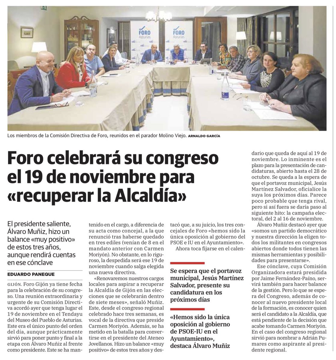🗞️FORO Gijón celebrará su congreso el 19 de noviembre para «recuperar la Alcaldía» En “El Comercio”
