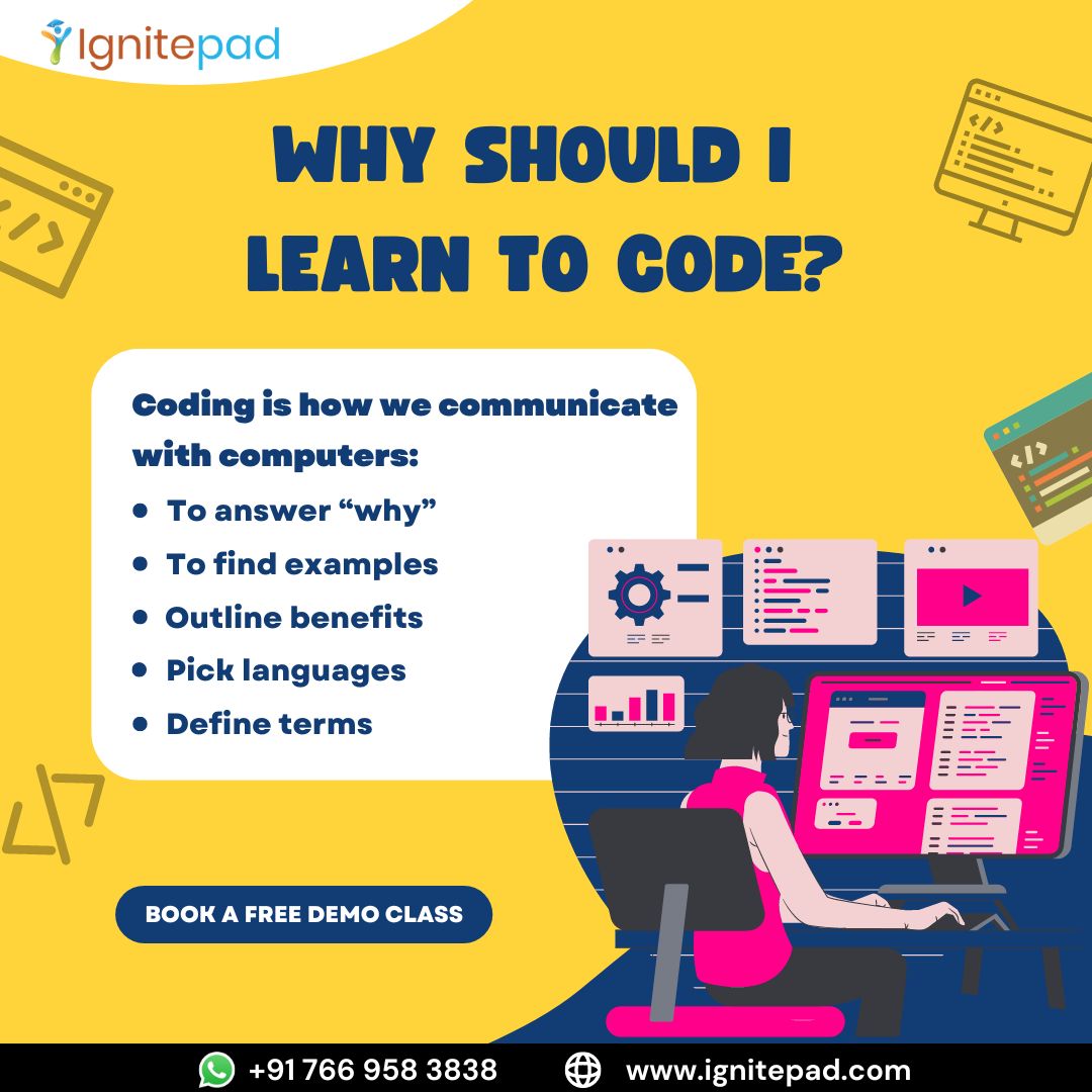 ignitepad's tweet photo. Coding is the fundamental skill required to apply for jobs like software development.   

#learntocode #communicate #computers #outlinebenefits #picklanguages #defineterms https://t.co/1DNbz82B7Y