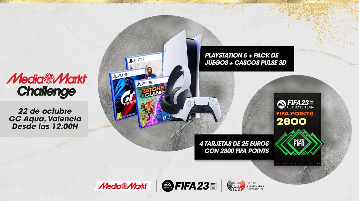 Si te pasas por la tienda <a href="/MediaMarktGames/">MediaMarkt Games</a>, del CC <a href="/ccaqua/">Aqua Multiespacio</a>, el sábado 22 puedes volver a casa cargado de premios. ¡Tendremos varios sorteos!

🎉 1 PlayStation 5 + pack de juegos + cascos Pulse 3D
🎉 4 Tarjetas de 25 euros con 2.800 Fifa Points

¡Junto a <a href="/cachoo01/">Cacho01</a> y <a href="/SergioFFerra/">Sergio Ferra Salcedo</a>!
