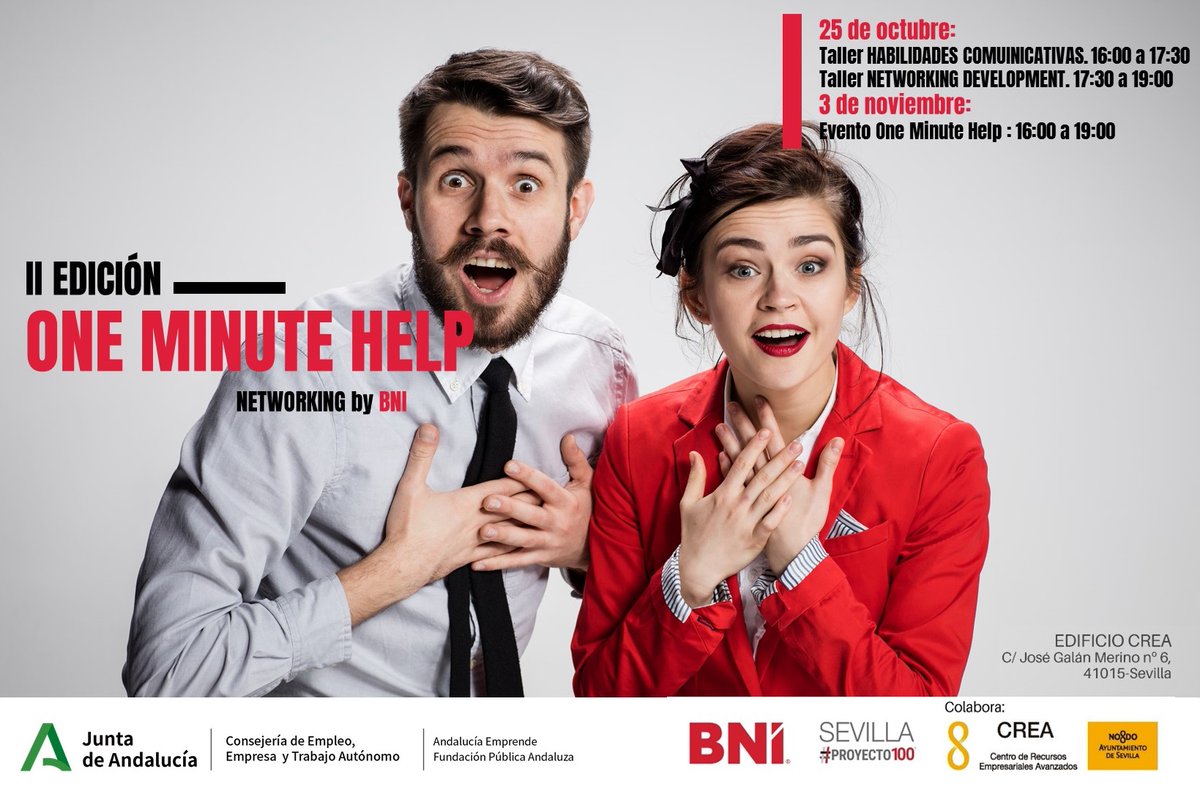 aemprende's tweet photo. 🔴⚫️ III ed. #OneMinuteHelp, junto a @bni_sevilla @Ayto_Sevilla
⚡️ Formación para desarrollar habilidades de #comunicación y #networking de personas emprendedoras y empresarias🚀
🔜 25 octubre 🔜 3 noviembre
🕓 16 h.
🎟️ ¡Solicita tu plaza! https://t.co/qcnGMSM923
#EmprendeAND https://t.co/dYyDbpas6i