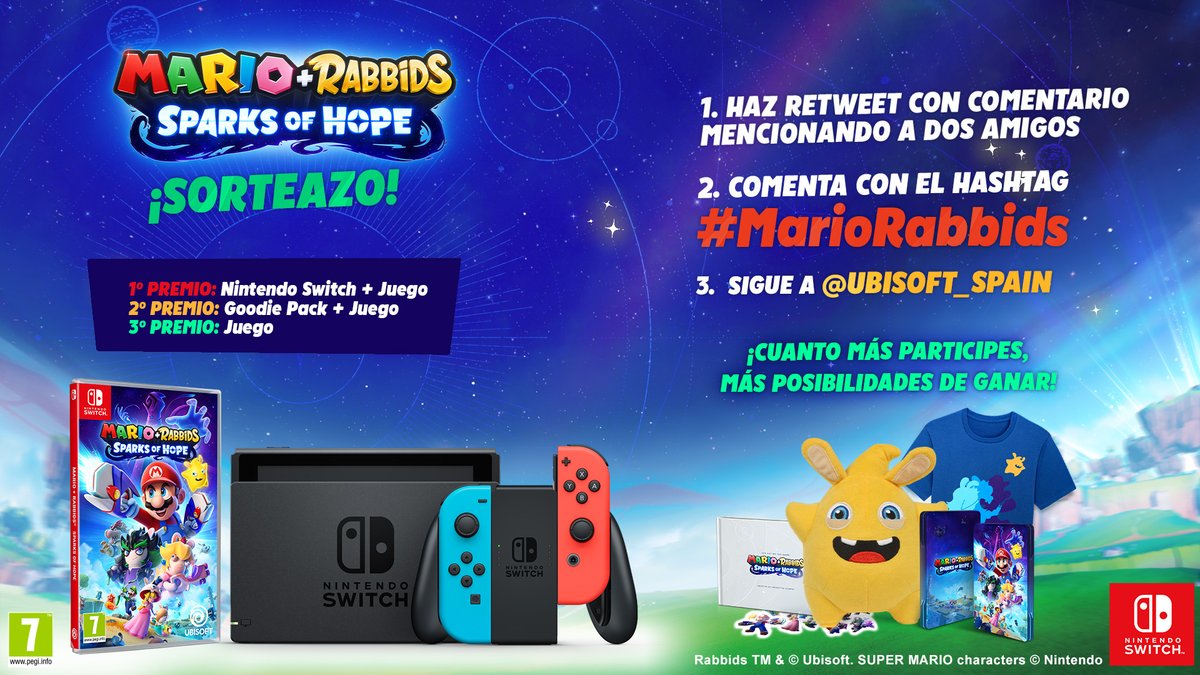 😱🔥¡SORTEAZO! ¡SOLO 24H!

¡Celebramos el lanzamiento de Mario + Rabbids Sparks of Hope regalando una Nintendo Switch y más premios!

1️⃣ Haz RT con comentario mencionando a 2 personas
2️⃣ Comenta con #MarioRabbids
3️⃣ Síguenos en Twitter

¡Cuanto más participes, más posibilidades!
