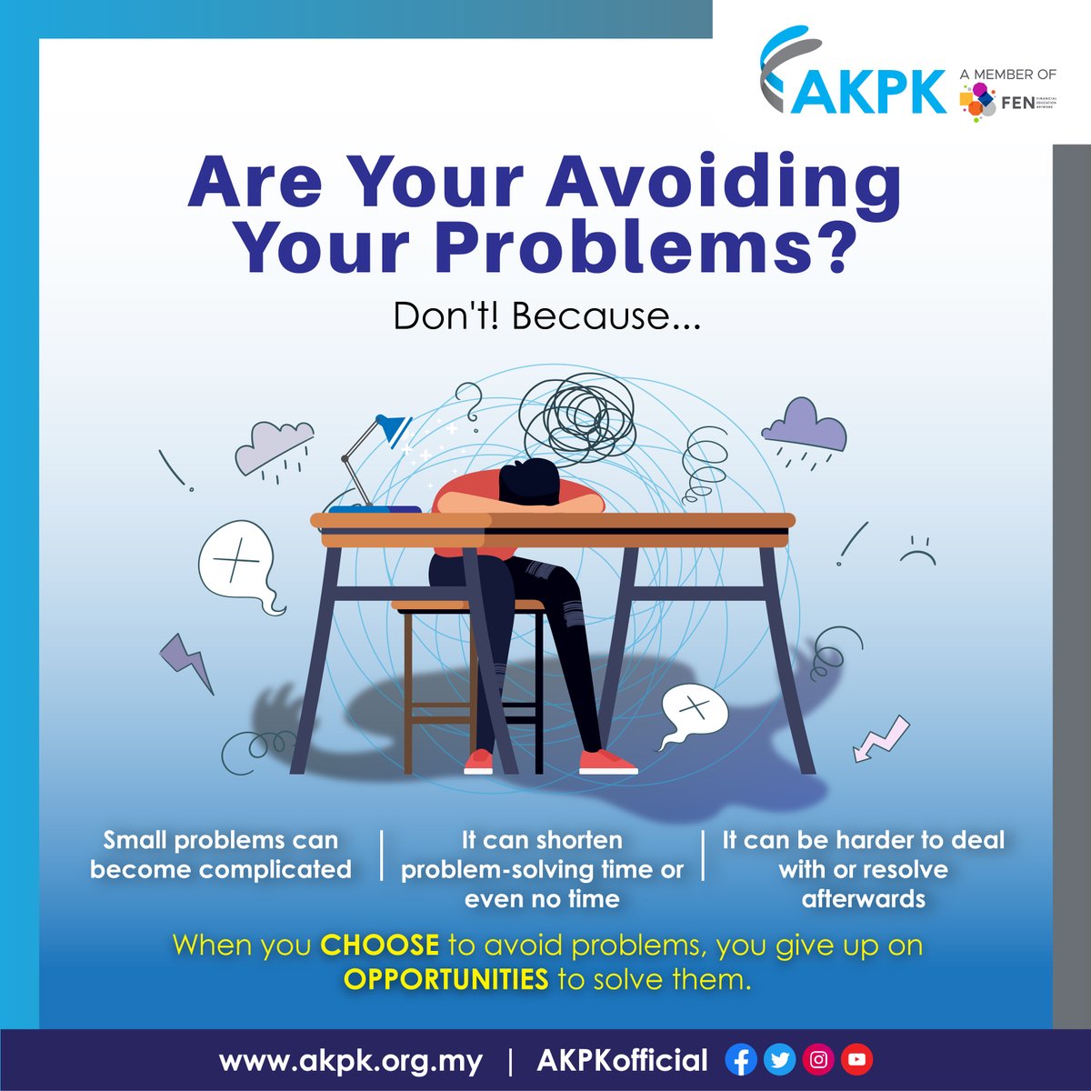 AKPKofficial's tweet photo. Face your fears and it will make things easier in the long run. 

Finance can be easy! Get PEACE OF MIND in managing your finances with useful tips from AKPK: https://t.co/XowQHaXISy  

#SimpleGuides #FEH #PEACEofMIND #AKPKForABetterTomorrow https://t.co/oUzi6GPeny