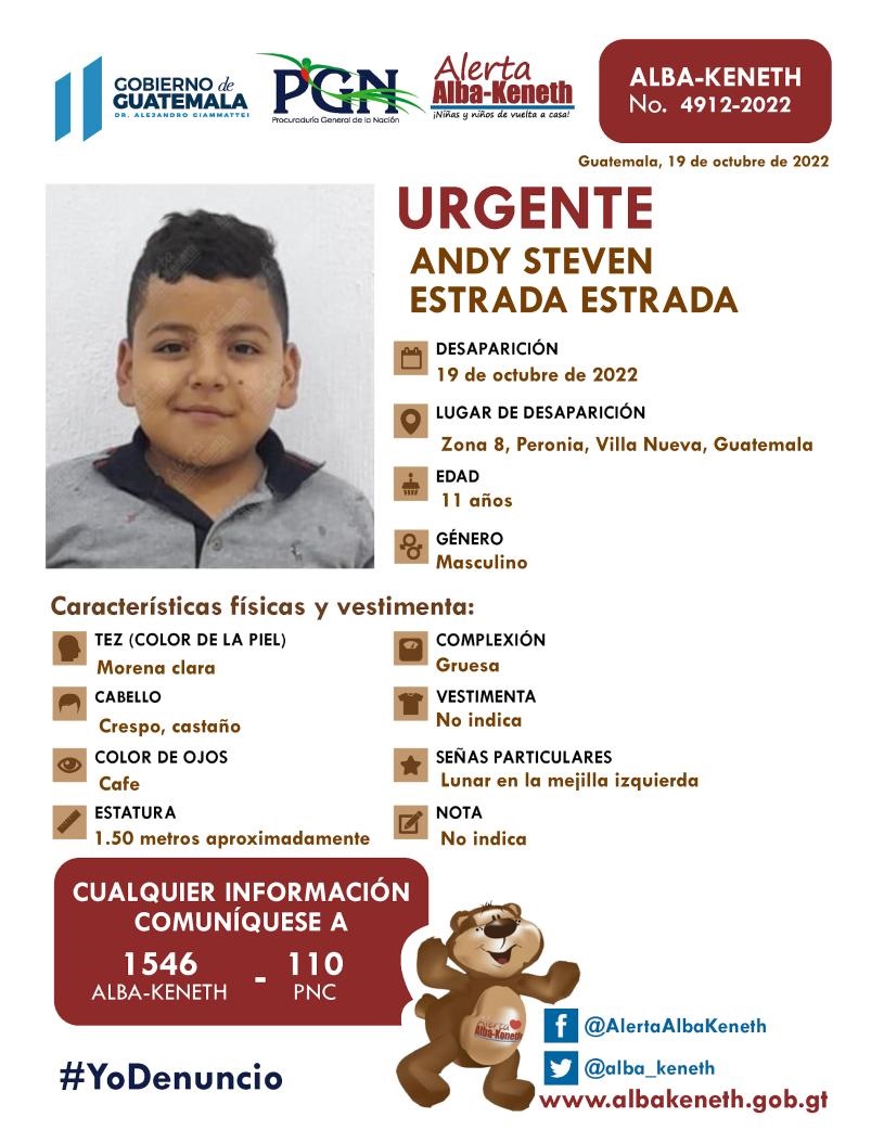 alba_keneth's tweet photo. #AlertaAlbaKeneth ⚠ | Andy Steven Estrada Estrada, de 11 años de edad. Desapareció el 19 de octubre de 2022, en Zona 8, Peronia, Villa Nueva, Guatemala.

🔄Comparte y ayúdanos con su localización.
📞Si tienes información llama al 1546. https://t.co/NvvOiFrWZ0