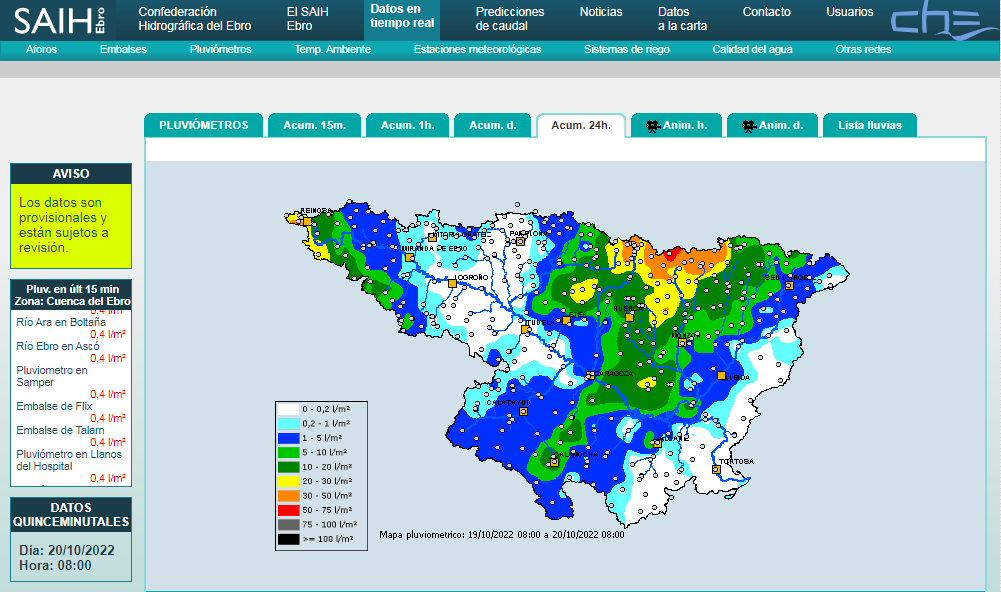 CH_Ebro's tweet photo. 🌧 #DatosCuencaEbro Nuestro sistema @saihebrocpc nos ofrece a las 8:00 horas del 20/10 este mapa 🗺 de pluviometría 24 h en la cuenca del Ebro.
💧Necesaria lluvia repartida en varias zonas actualmente afectadas por la #sequía y la escasez por bajas reservas.
+#EbroSostenible https://t.co/LB1twfi2L6