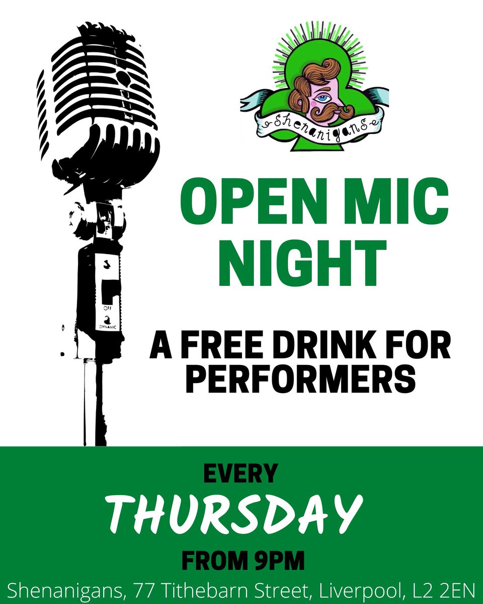 ShenanigansLiv's tweet photo. Open Mic Night 🎤 TONIGHT from 9pm
Hosted by Jamie Higgs
Be in with a chance for a paid gig
A FREE drink for all performers
#openmic #openmicnight #liverpool #liverpoolopenmicnight #liverpoolmusicians #liverpoolpoets #liverpoolpub #thursdaynight https://t.co/VQp96jrlsV