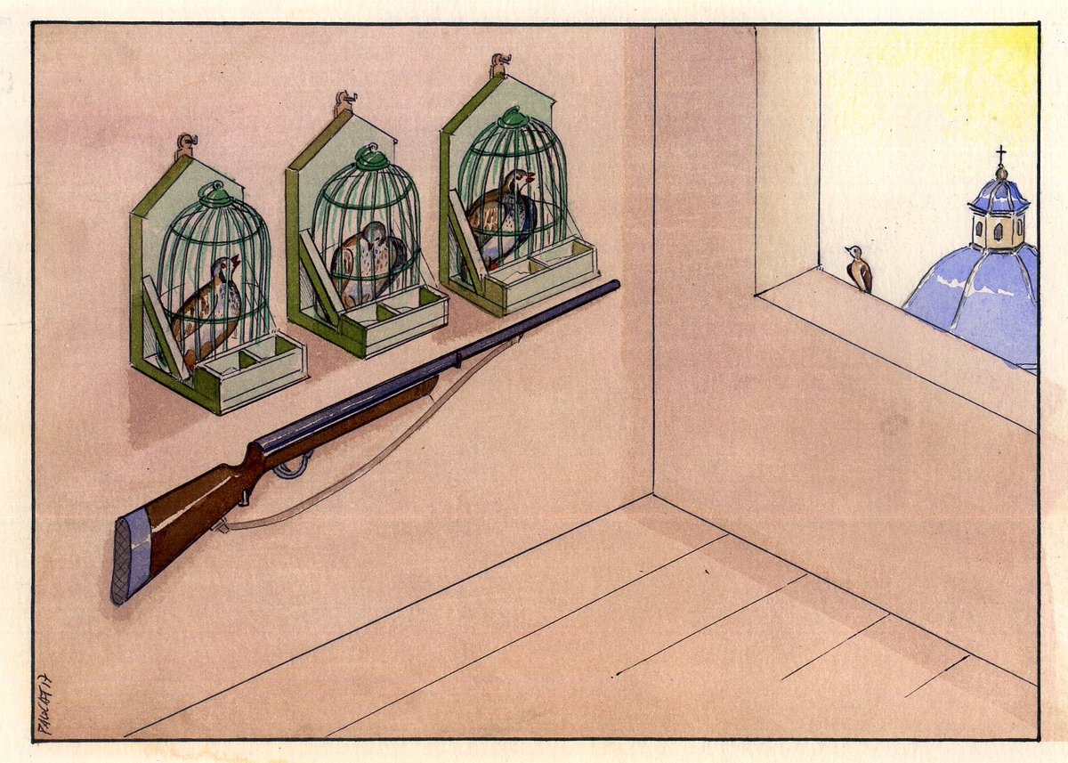 pacocatt's tweet photo. Mi viñeta de hoy.
La crueldad.
Seres inocentes encarcelados de por vida en un miserable espacio para ser usados como reclamos, traicionando así a sus compañeras perdices que mueren a escopetazos. Si pudieran o supieran suicidarse lo harían… pero ni eso tienen. https://t.co/6qddXEWgFh