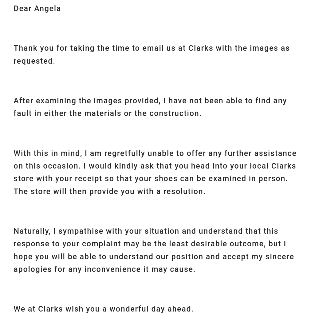ALloydMostyn's tweet photo. @clarksshoes how can there be no fault in manufacturing or materials of your shoes here? Worn 15 times. I'm shocked by your response. https://t.co/ktNYp9LiCW