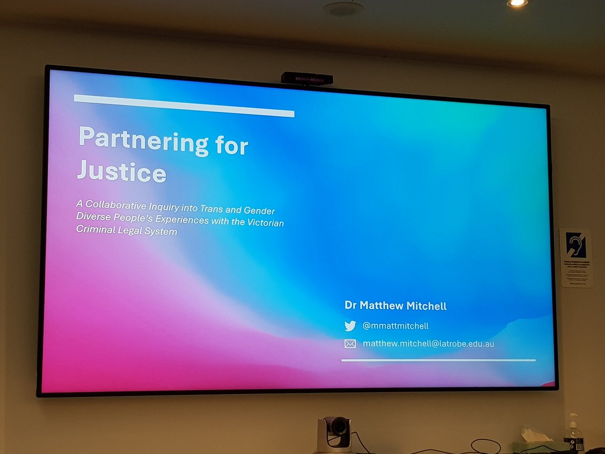 At today's <a href="/CrimeJusticeQUT/">QUT Centre for Justice</a> seminar we were very lucky to hear from the fabulous <a href="/mmattmitchell/">Matthew Mitchell</a>, on the experiences of trans and gender diverse people in the criminal legal system in Victoria. Important research showing significant gaps in legal and other services and needs 1/2