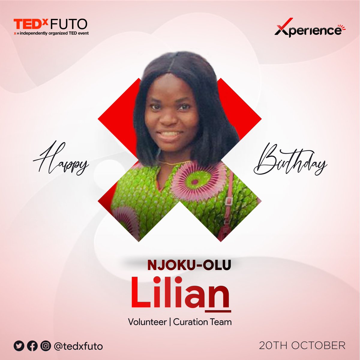 TEDxFUTO's tweet photo. Happy Birthday
๐ป๐ธ๐ป๐ธ๐ฐ๐ฝ
we appreciate your contributions to the TEDxFUTO family.
We wish you all the best in your age.
Bloom to charm โค๏ธ
.๐ธ๐ธ๐ธ๐ธ.
.
.
#BirthdaySeason
#ted #tedx
#tedxfuto
#octoberborns
#experience #womenintech #ideasworthspreading https://t.co/OmRI7IP4kl