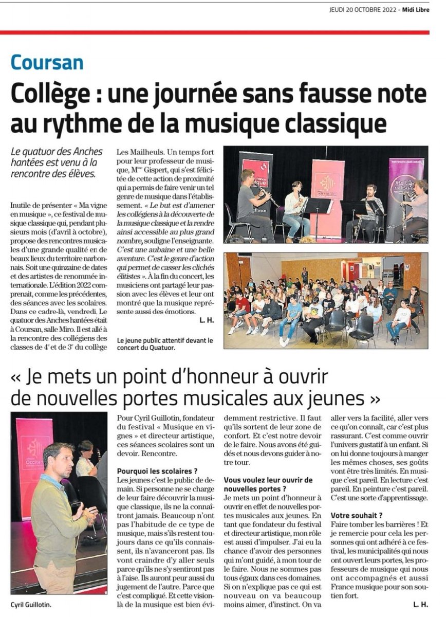 GuillotinCyril's tweet photo. "Il faut ouvrir les portes à la jeune génération!"

Avec @ancheshantees @lefrancoiscompo @villedeCoursan @francemusique @Q_Ellipsos @lodeonfrederic @Occitanie @suddefrance @Prefet11 https://t.co/vPFvbMhIoT