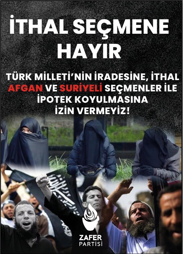 Suriyelilere, Afganlara vatandaşlık vererek seçimlerde Türk Milleti’nin iradesine ipotek konulmasına, seçme ve seçilme hakkımızın gasp edilmesine izin vermeyeceğiz.Türk halkı uyan. Saray seçmen ithal ediyor.Çakma muhalefet onaylıyor Zafer mücadele ediyor. ⁦⁦⁦⁦⁦