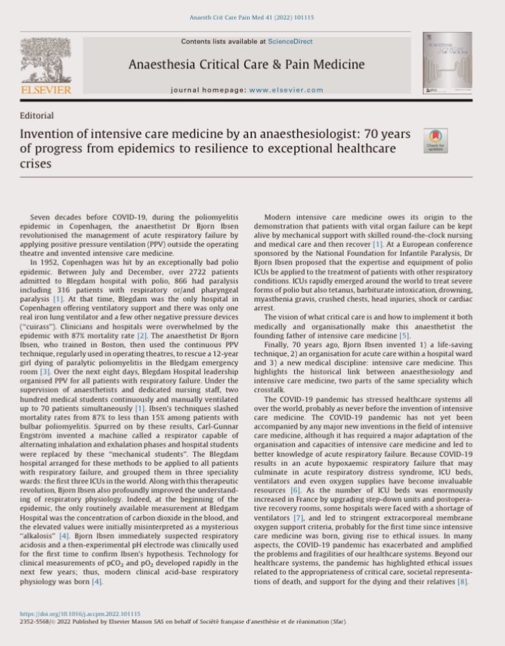 SFAR_ORG's tweet photo. 70 ans avant la crise #COVID, le médecin anesthésiste Bjorn Ibsen révolutionne la prise en charge pdt l’épidémie de #Poliomyélite avec la ventilation en pression positive. Retrouvez l’histoire de l’invention de la réa par le #ComiteRea de la @SFAR_ORG
➡️https://t.co/8bKc2NqVJy https://t.co/jTex3oXCzu
