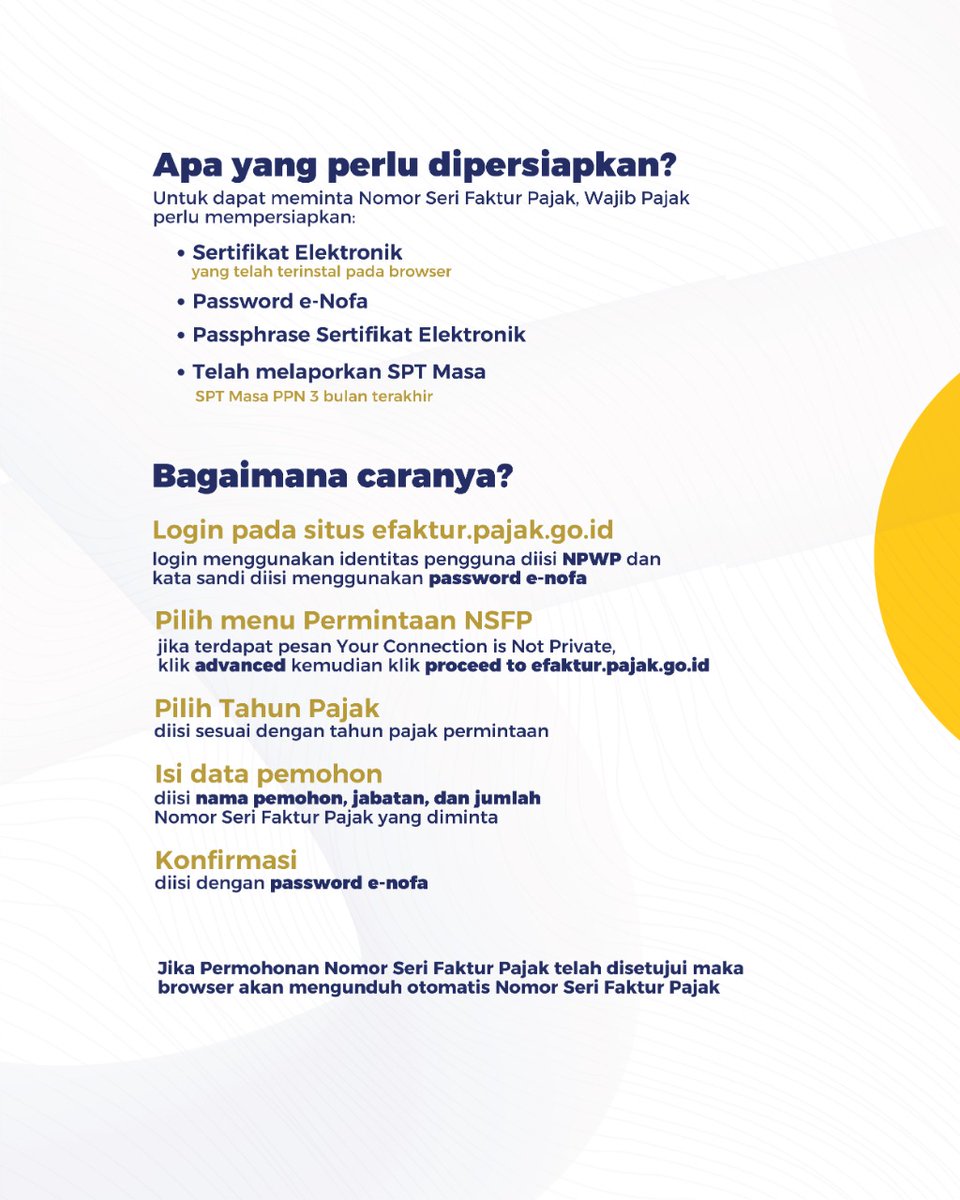 Nomor Seri Faktur Pajak bisa didapatkan secara daring.

#KawanPajak dapat mengikuti tutorial untuk mendapatkan NSFP melalui infografis berikut.

Informasi lebih lanjut, #KawanPajak dapat menghubungi <a href="/kring_pajak/">#PajakKitaUntukKita</a> atau kantor pajak terdaftar.