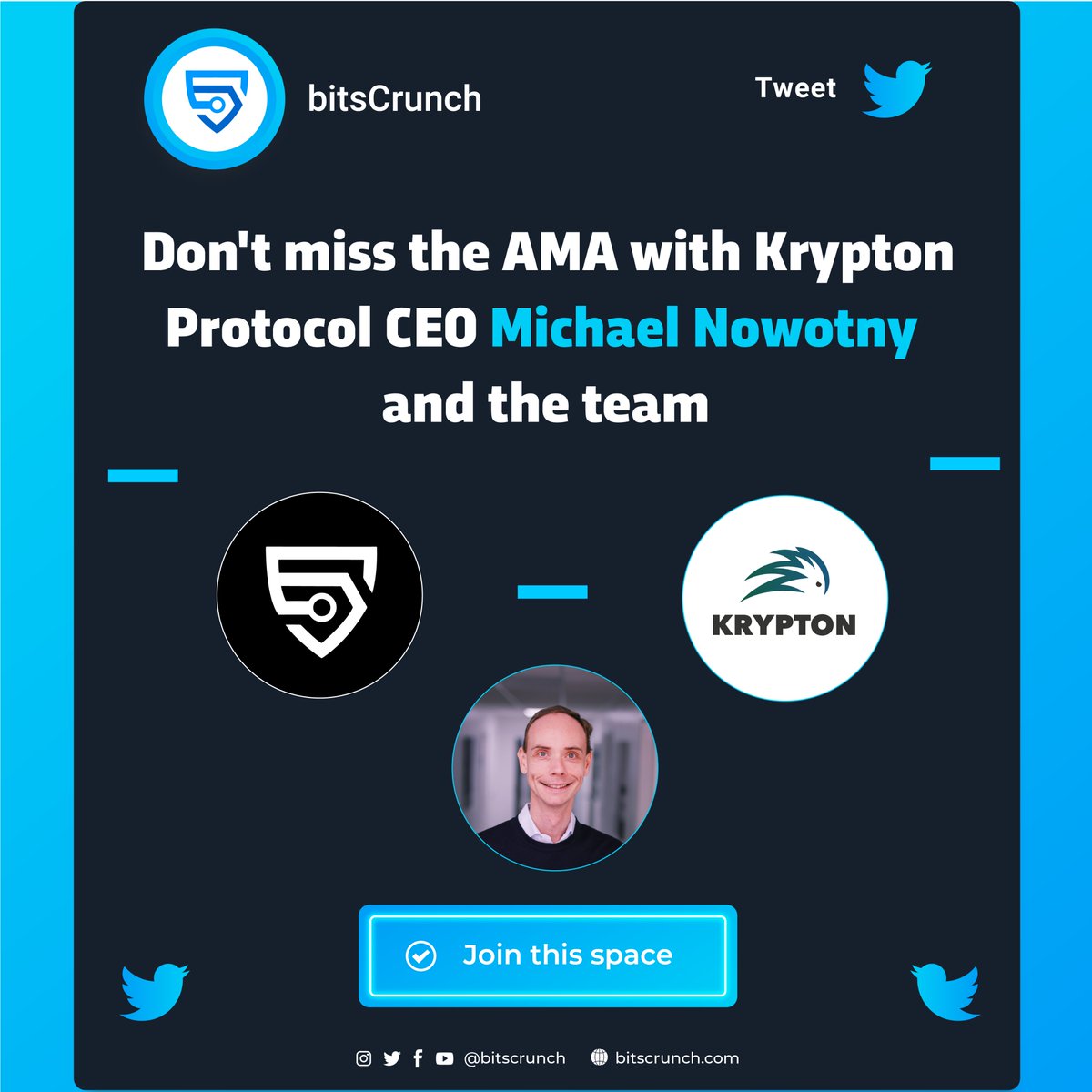 bitsCrunch's tweet photo. The wait is over. 

Tonight please join us on @TwitterSpaces in a conversation with @MichaelCNowotny and the @KryptonProtocol team.
 
⏲️ 10 pm IST 

Right here 👇
https://t.co/XwDaFenAZD

#AMA #TwitterSpaces #web3 #NFT https://t.co/uEnSk35ibg