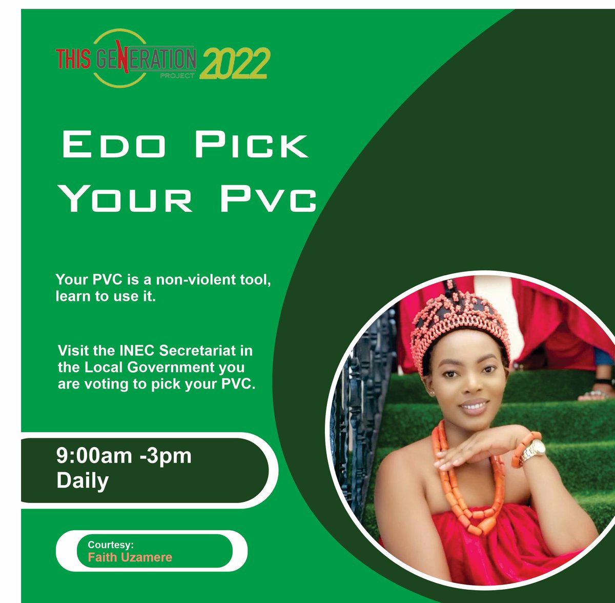 Faithuzamere14's tweet photo. No long talk, pick your PVC now!!!

This Generation NG
@ThisGenNG

#thisgencivicfellow
#ThisGenCivicFellow
#Faithuzamere
#civicengagement
#thisgenerationproject
#NigeriaDecides
#EdopickyourPVC
#permanentvoterscard
#INEC
#Elections2023
#electionmatters
#Thisgenerationaccelerator https://t.co/OTJA7K0OAA
