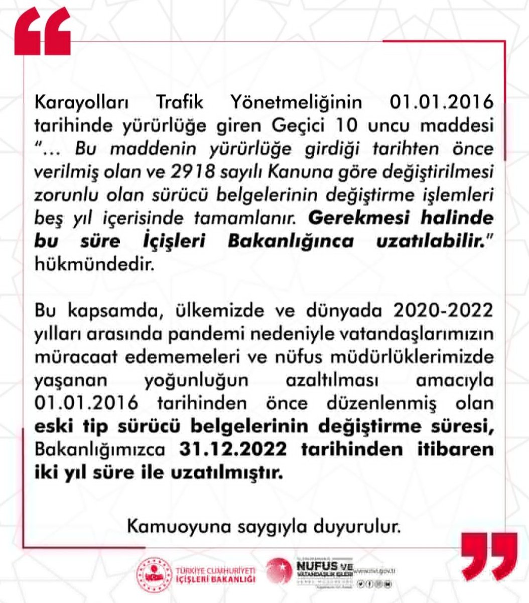 Kamuoyuna Duyuru❗
01.01.2016 tarihinden önce alınan Eski Tip Sürücü Belgelerinin değiştirme süresi, 31.12.2022 tarihinden itibaren 2️⃣ yıl süreyle uzatılmıştır.
 <a href="/TC_icisleri/">T.C. İçişleri Bakanlığı</a> <a href="/TCNufus/">Nüfus ve Vatandaşlık İşleri Genel Müdürlüğü</a> 
<a href="/sefikaygol/">Şefik AYGÖL</a> <a href="/Balikesir_nvi/">Balıkesir İl Nüfus ve Vatandaşlık Müdürlüğü</a> <a href="/MahmutKececi61/">🇹🇷Mahmut KEÇECİ🇹🇷</a> <a href="/gonennufus/">Gönen Balıkesir İlçe Nüfus Müdürlüğü</a>