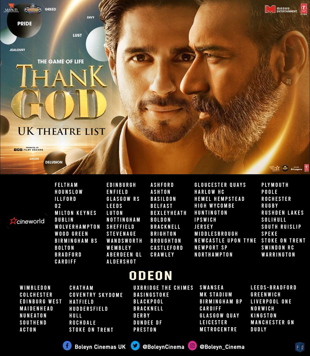 #ThankGod in #UK List from 25th Oct 🇬🇧 
This Diwali, the game of life will bring you a lot of fun, laughter and life lessons! Get ready! 💯

@ajaydevgn @SidMalhotra @Rakulpreet @Indra_kumar_9 #BhushanKumar #KrishanKumar #AshokThakeria @SunirKheterpal @DeepakMukut @anandpandit63