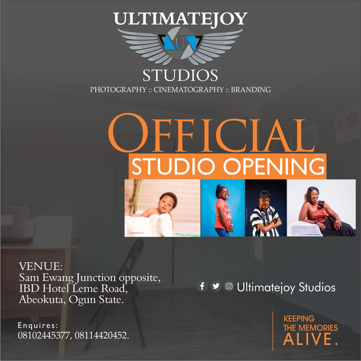 UltimatejoyStud's tweet photo. We are pleased to announce the official opening of our Studio (ULTIMATEJOY STUDIOS) located at Sam Ewang junction opposite IBD hotel, Leme road Abeokuta. 
We thank you for your support over the years and we look forward to more of your Business Patronage 🤝. https://t.co/9d3zPFm44Y