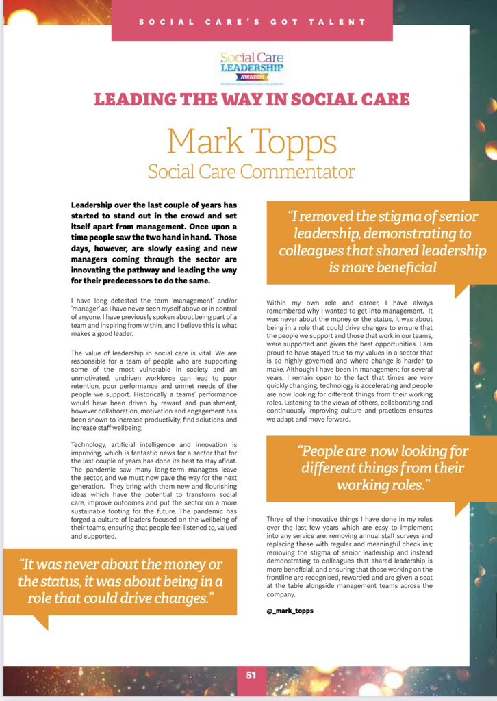 In this months issue of <a href="/CareTalkMag/">Care Talk</a> I wrote about 𝐋𝐞𝐚𝐝𝐢𝐧𝐠 𝐭𝐡𝐞 𝐖𝐚𝐲 𝐢𝐧 𝐒𝐨𝐜𝐢𝐚𝐥 𝐂𝐚𝐫𝐞

“I removed the stigma of senior leadership, demonstrating to colleagues that shared leadership is more beneficial”

bit.ly/2BdO22j PG 50
#ThankYouSocialCare