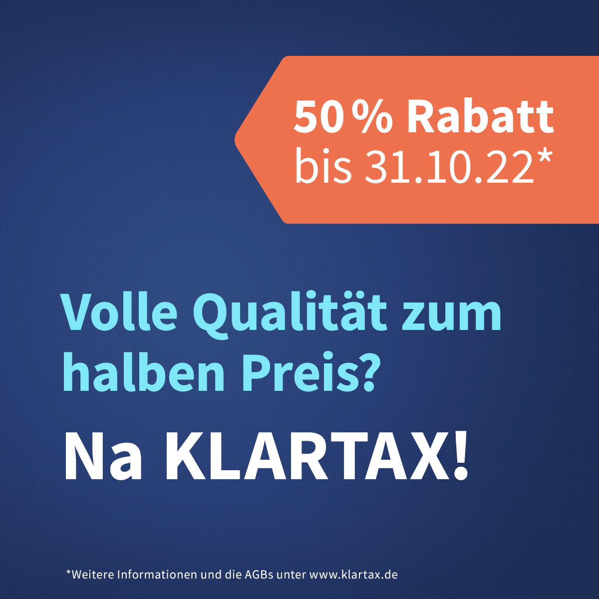 Little Reminder: Jetzt noch die Steuererklärung bis zum 31.10. abgeben und dabei noch 50% bei den Übermittlungskosten sparen! Gleich loslegen 👉 klartax.de