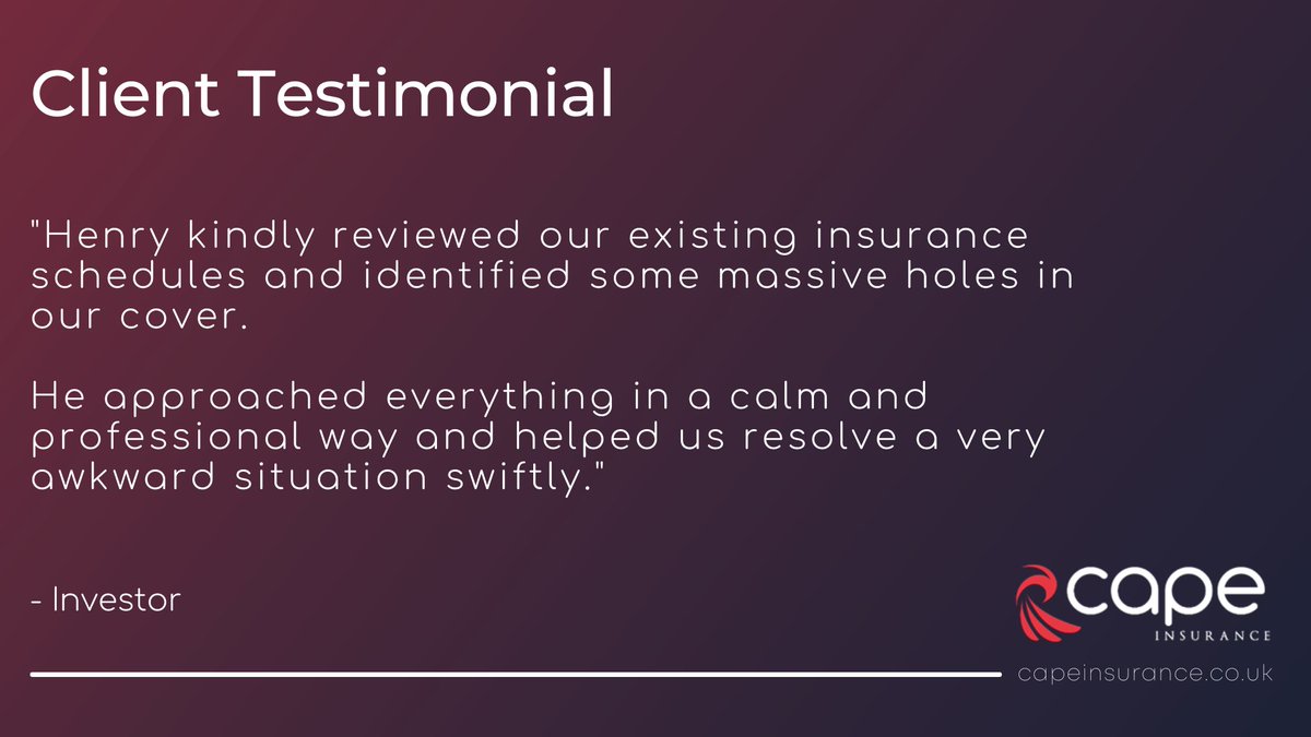 CapeInsurance's tweet photo. What clients think about working with Cape Insurance

"Henry kindly reviewed our existing insurance schedules and identified some massive holes in our cover.

He approached everything in a calm and professional way and helped us resolve a very awkward situation swiftly." https://t.co/nBIipEHtYQ