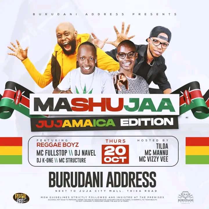 Mashujaa edition happening tonight pale Burudani address Jujamaica <a href="/mcfullstop/">MC Fullstop Foundation</a> <a href="/SupaHeroDjNavel/">SupaHero Dj Navel</a>  <a href="/K24Tv/">K24TV</a> <a href="/K24Plus/">K24 Plus</a> tell a friend <a href="/tadpole_852/">Tadpole..🇰🇪🎵🎶🎶🎼❤️💛💚</a> itakuah moto 🔥🔥 #riddimvybzk24 #reggaeboyzlivejuggling