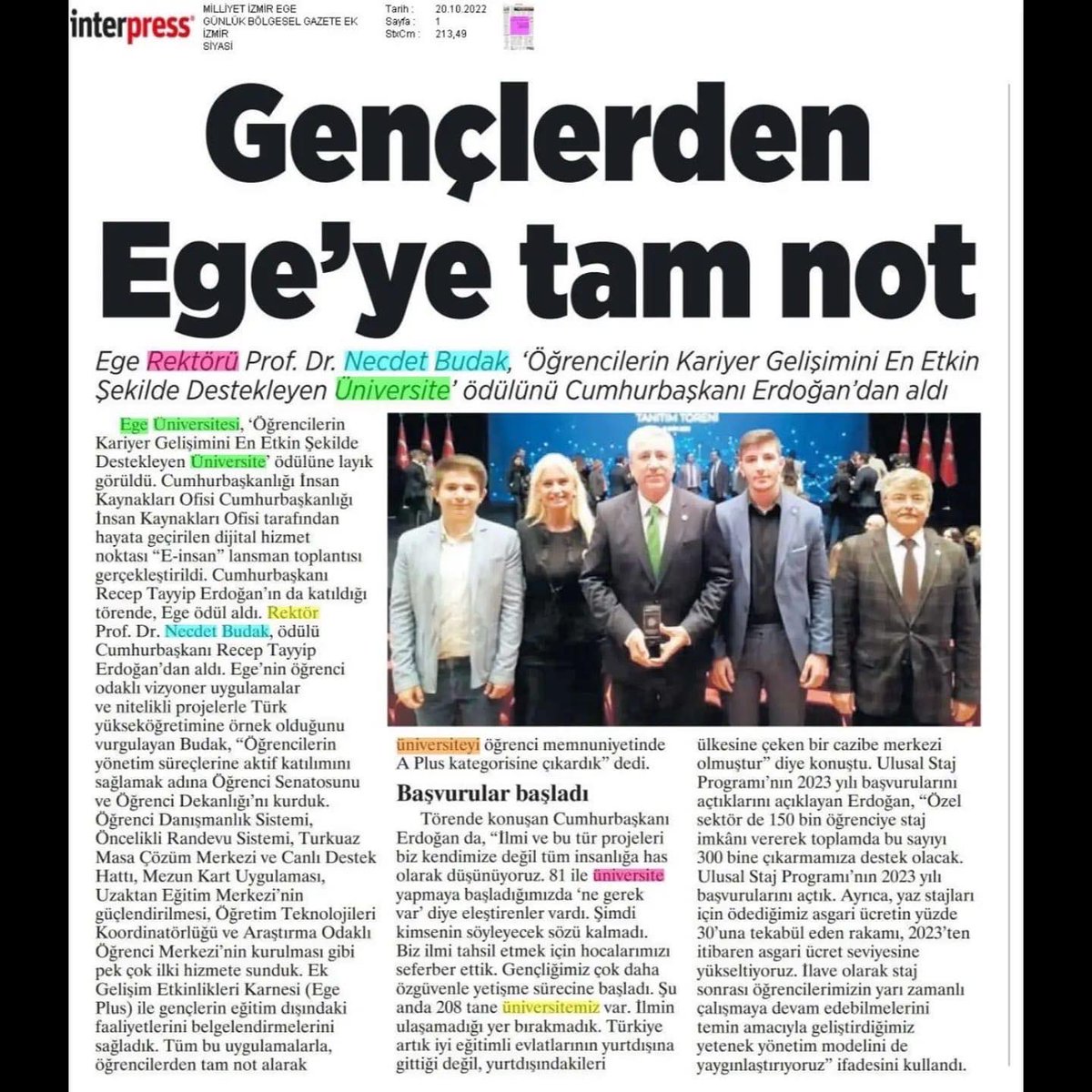 UniversiteEge's tweet photo. Cumhurbaşkanımız Sn. @RTErdogan'ın elinden aldığımız, alanında ilk ve tek olma özelliği taşıyan "Öğrencilerin Kariyer Gelişimini En Etkin Şekilde Destekleyen Üniversite" ödülü basında geniş yer buldu. @tccbiko @AtaySalim @YuksekogretimK
@yetenekheryerde @ProfNecdetBudak https://t.co/T3MZY9WQIo