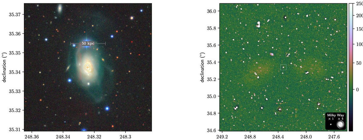 Out today: An intergalactic medium temperature from a giant radio galaxy led by <a href="/MartijnOei/">Martijn Oei</a> with <a href="/franco_vazza/">franco_vazza</a> et al.  Amazing dimensions: White box in right figure (radio) is the left figure (optical).