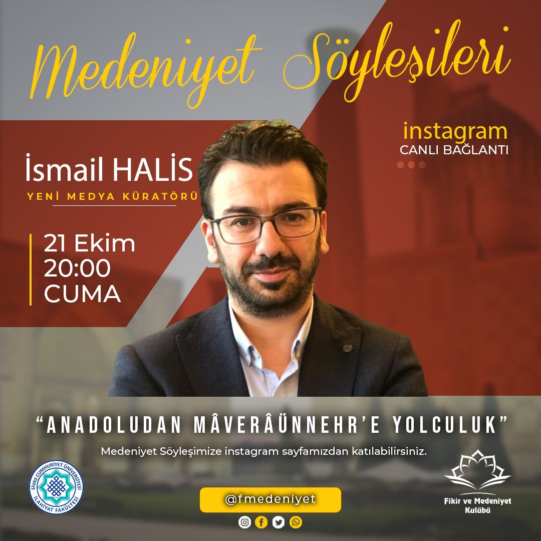 FMedeniyet's tweet photo. Arkadaşlar bu haftaki konuğumuz @ismail_halis ağabeyimiz olacak inşallah.
"Medeniyet Söyleşileri" başlığı altında yaptığımız program serimizin ikincisinde Medeniyetimizin yapı taşlarını temsil eden "Mâverâünnehir" bölgesine fikri bir yolculuk yapacağız.
Bekliyoruz efendim 🙂 https://t.co/2nAwsbLvpj