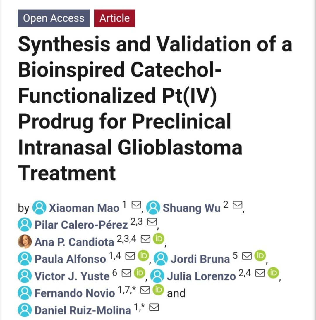 FNovio_Research's tweet photo. Our contribution to develop platinum-based prodrugs for glioblastoma at @Cancers_MDPI with the collaboration of our colleagues from @icn2nano @UABBarcelona @idibell_cat @INC_UAB #fightcancer #oncologyresearch #metalbaseddrugs https://t.co/dvLElCjA0s
