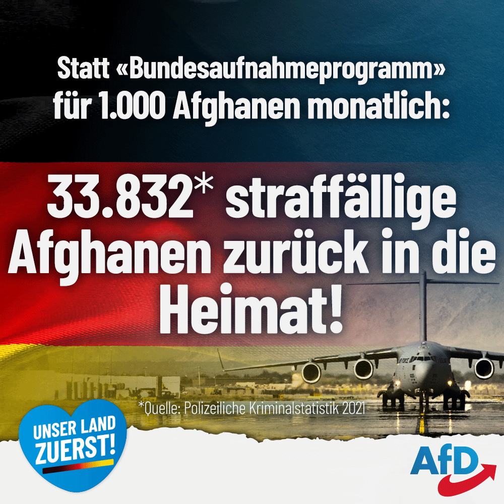 AfD's tweet photo. Statt "#Bundesaufnahmeprogramm": straff��llige #Afghanen zurück in die Heimat!#Abschiebungen 
Die #Ampel setzt weiterhin alles daran, irgendwie #Zuwanderer aufzutreiben, die sie noch nach #Deutschland hineinpressen kann. Nur die #AfD sagt: #UnserLandZuerst 
https://t.co/ayy868MoIB https://t.co/Lpkv15StyH