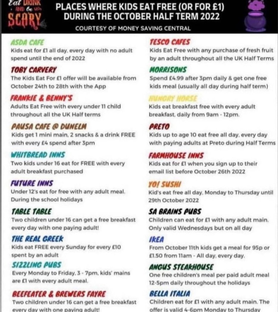 Here's a list of eateries (free or £1) for your little ones during half term.