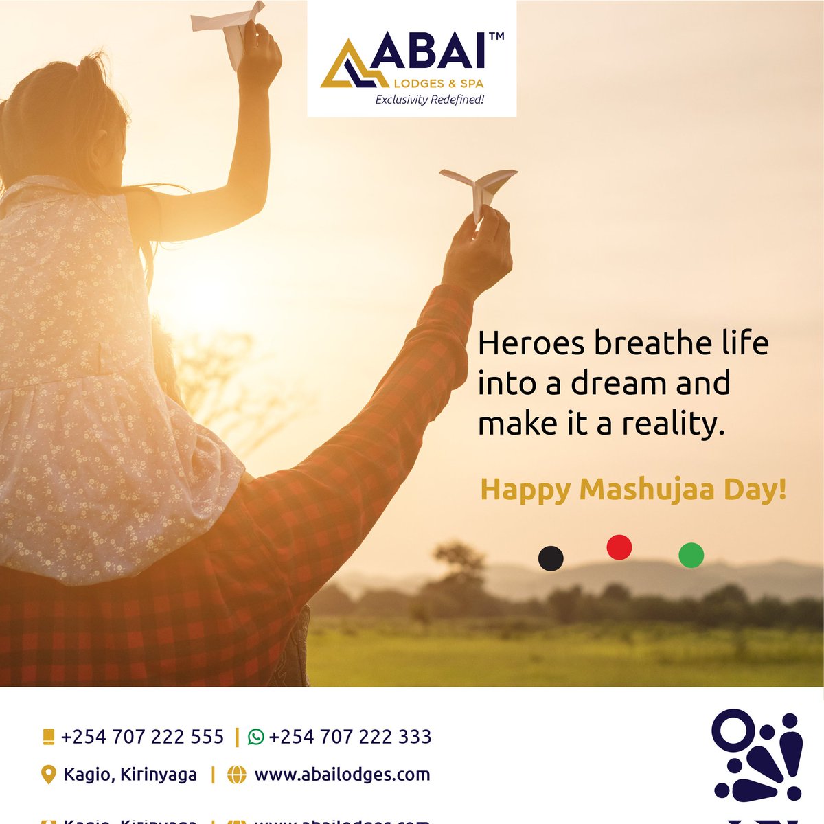 AbaiLodgesSpa's tweet photo. We celebrate all the heroes that make the #AbaiExperience the most exquisite experience at the heart of Kenya.
Happy Mashujaa Day!
#AbaiLodgesandSpa
#ExclusivityRedefined https://t.co/iKOmwU8f5l