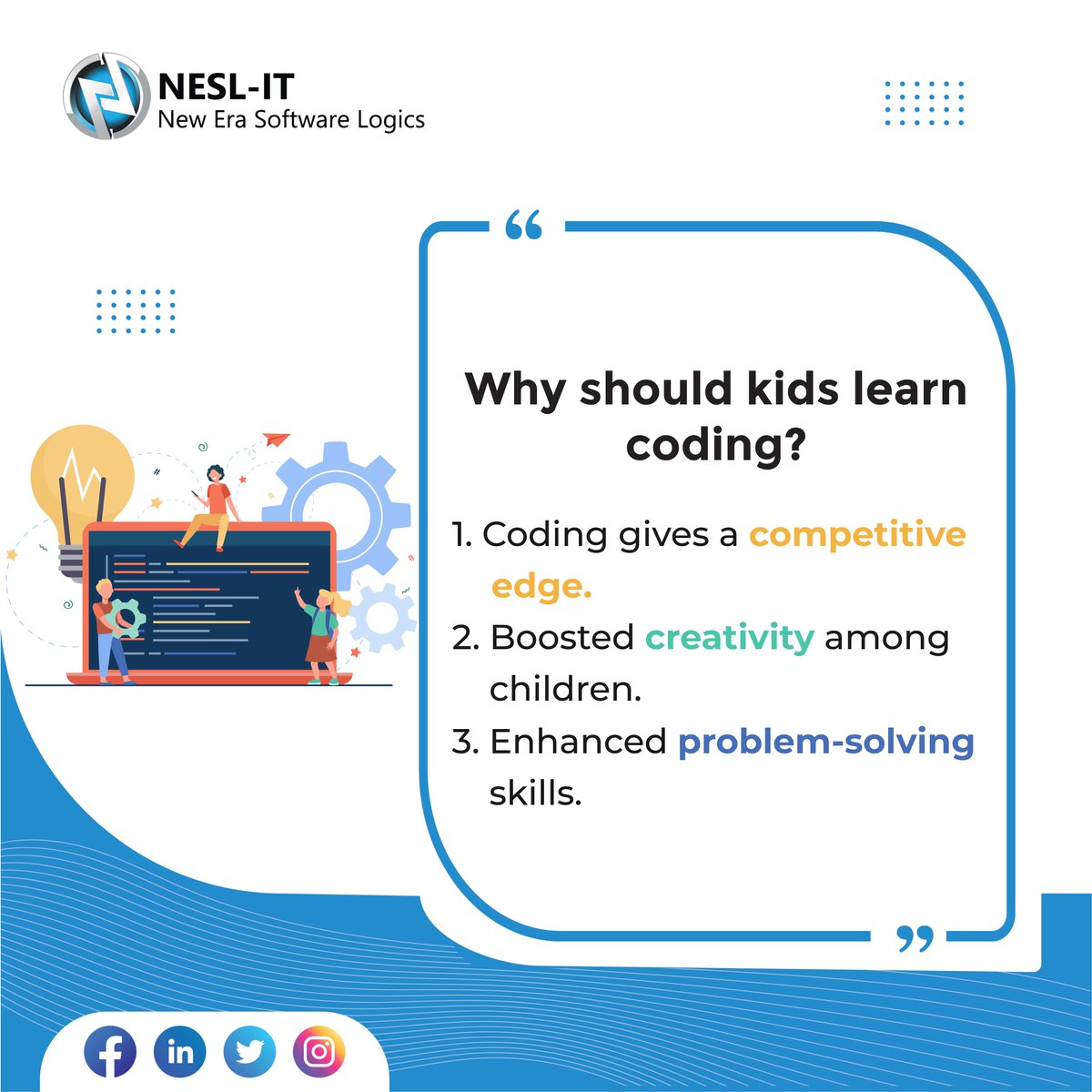 it_nesl's tweet image. Do you know what other benefits are there to teach children how to code? 💻🤔
.
If so, feel free to share them in the comment section below. ✍👇
#neslit 
#babycoders #childrencode #children #teachkidscode #TeachingChildren #FutureIsHere 
#coding #codinglife