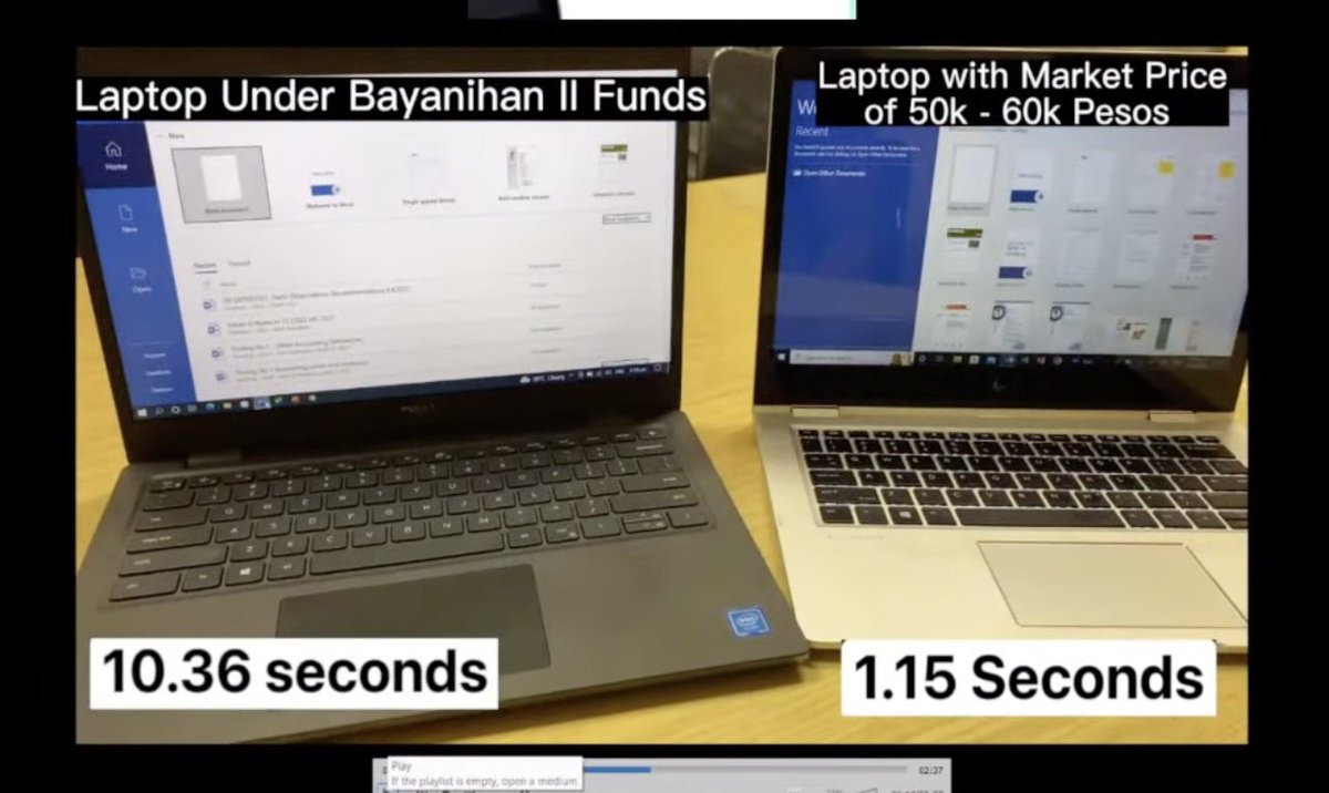 rapplerdotcom's tweet photo. LOOK: The blue ribbon committee tests the speed of the Dell laptops procured by the DepEd compared to an HP i5, which is priced similarly at P50-60,000. 

The HP loaded Zoom in 2.96 seconds compared to the 22.18 seconds it took to load on the Dell laptops. | via @ryanmacasero https://t.co/eY1ES7ah7r