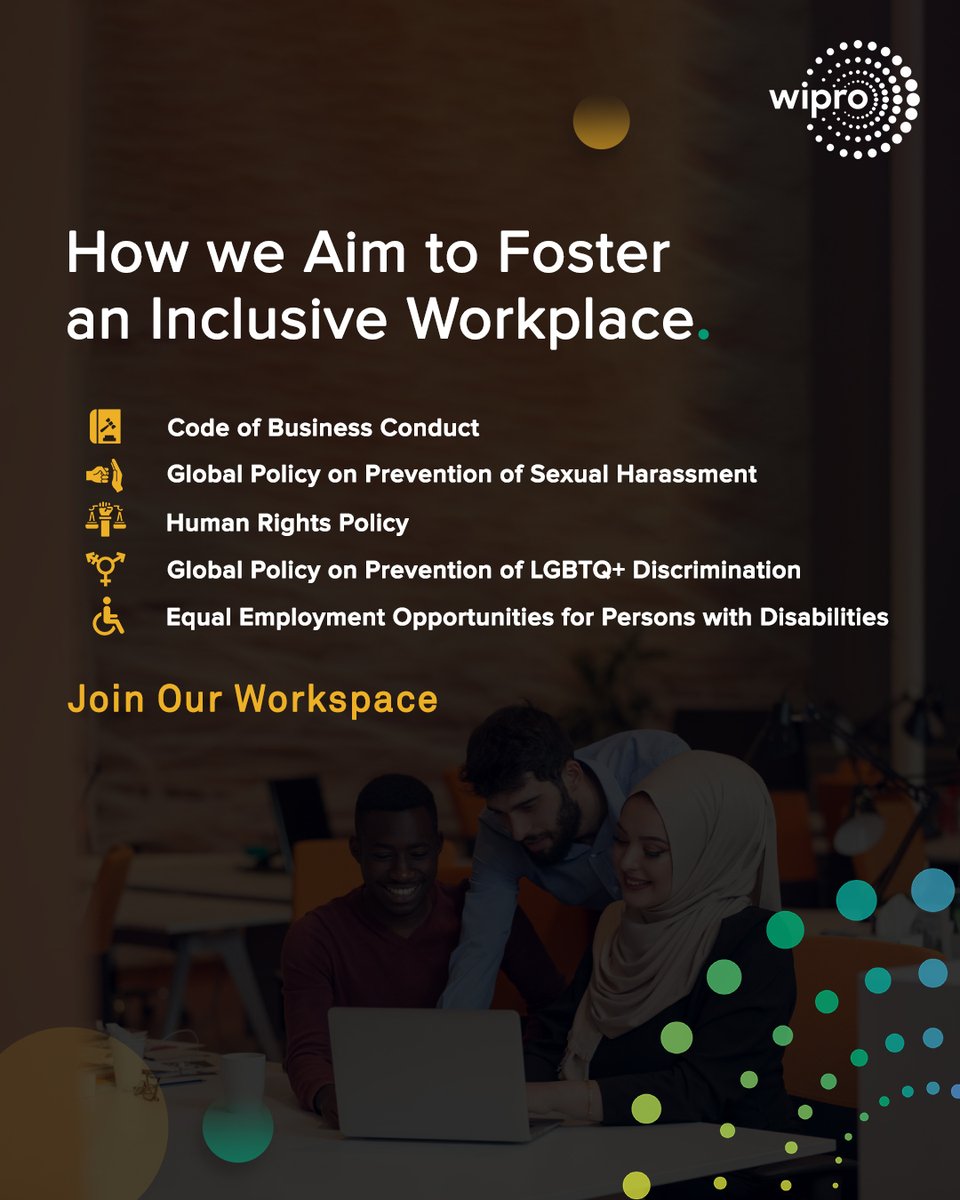 WiproCareers's tweet photo. Our policies affirm our dedication to Inclusion &amp; Diversity in the workplace. Learn more about our policies through @Wipro’s diversity and inclusion initiatives. #WiproCareers #InclusionAndDiversity https://t.co/WUdaTvR6Ey
