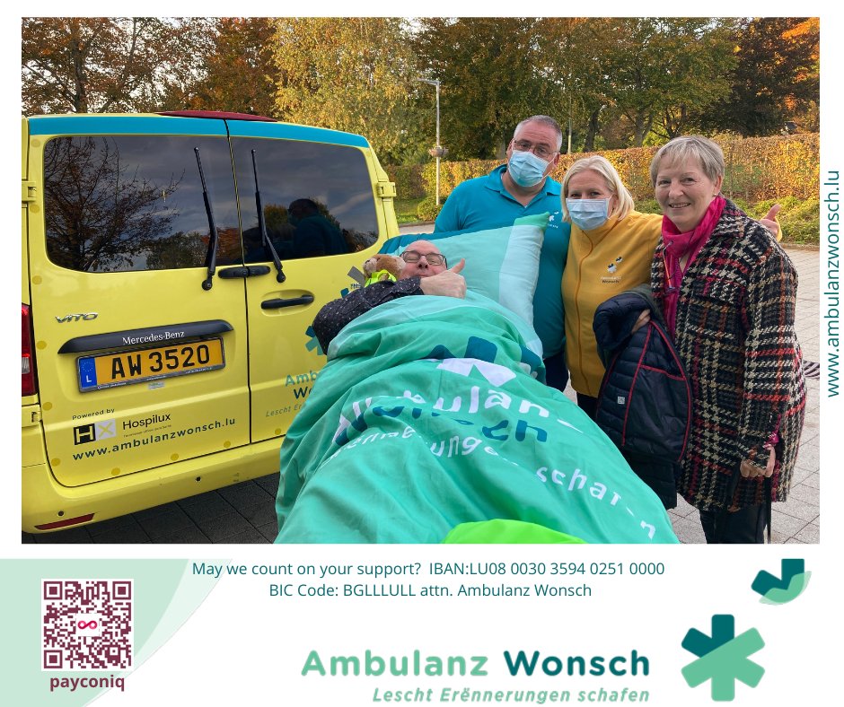 AmbulanzWonsch's tweet photo. 🚑Yesterday this gentleman and his wife could visit 'their' hotel in Germany one more time after all.
🦋Lovely memories were told, new beautiful memories were made.
#LeschtErënnerungenschafen #AmbulanzWonsch #AddingLifeToDays #PoweredByHospilux https://t.co/t0FT13oxuR