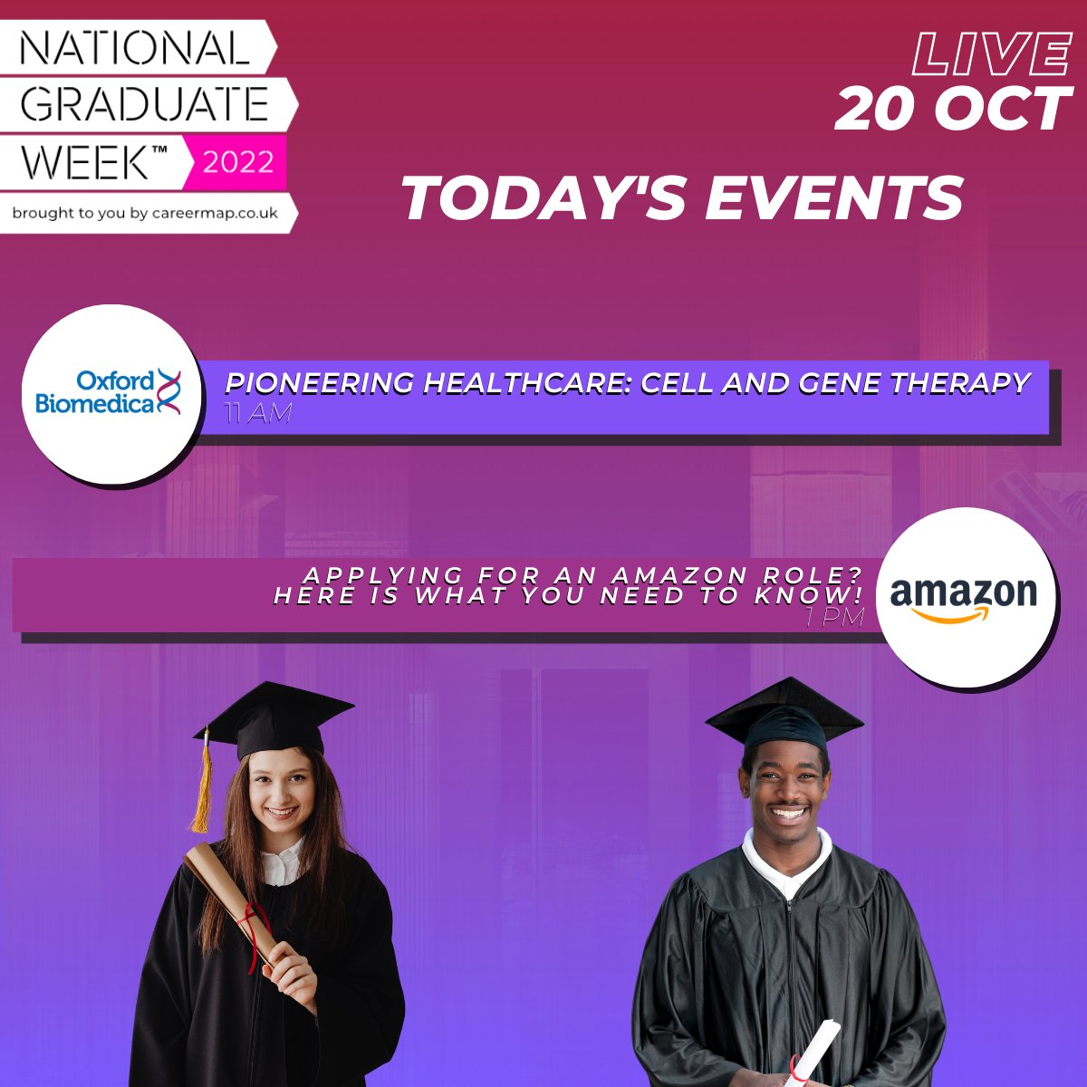 We have two live events for you today as part of National Graduate Week Day Four! Today, we are joined by <a href="/OxfordBiomedica/">OxfordBiomedica</a> and <a href="/amazon/">Amazon</a> as they tell you all about their upcoming programmes. You don't want to miss them - sign up here 👉 bit.ly/3m4h7jp #NGW2022
