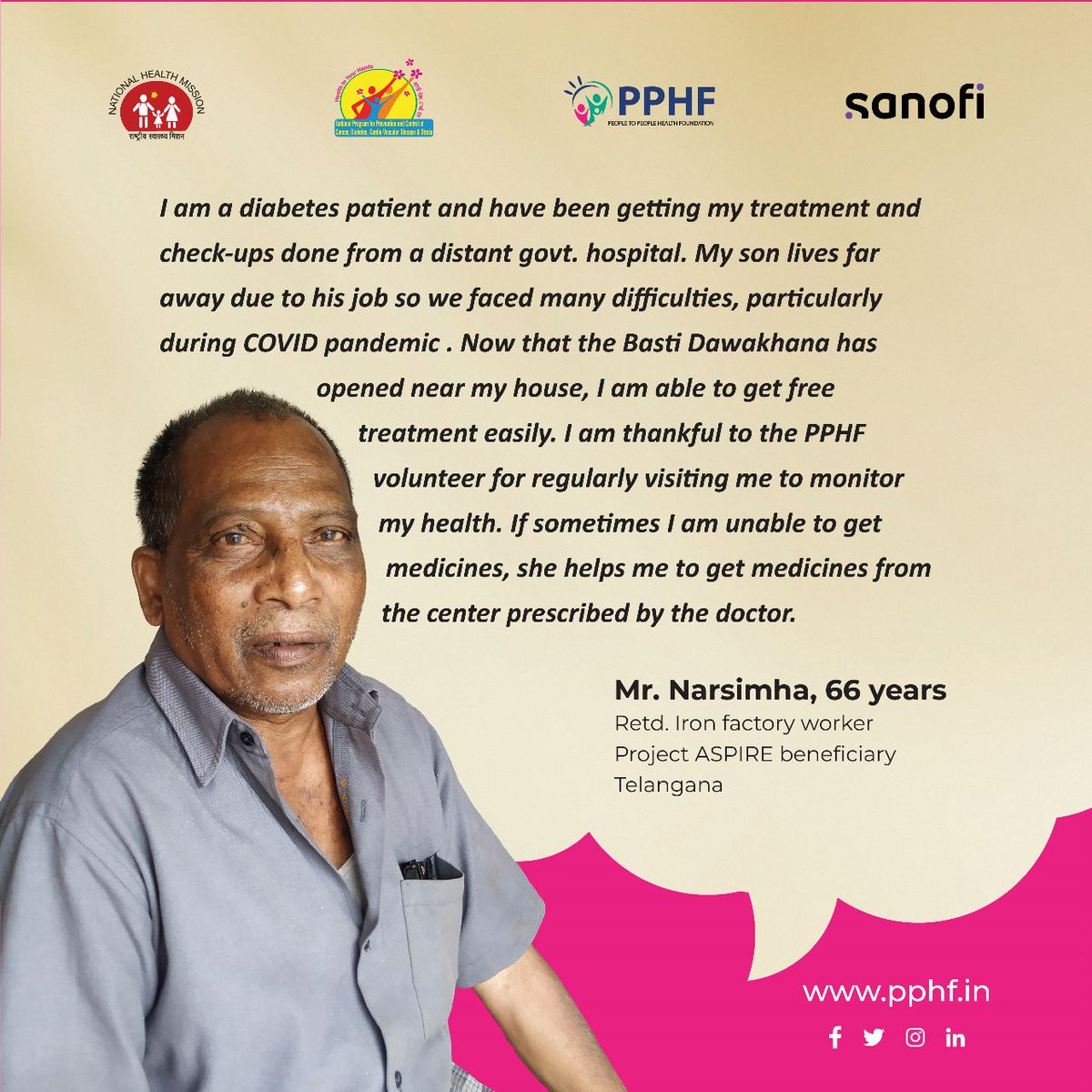PPHF_Global's tweet photo. #thursdaytestimonial
As part of #ProjectASPIRE, @PPHF_Asia
with support from @IndiaSanofi is doing a #tremendous job of filling the gaps by #conducting door-to-door visits to #educate the #community on available services for #NCDs at each #BastiDawakhana
#Telangana https://t.co/sPdkw5VVIy