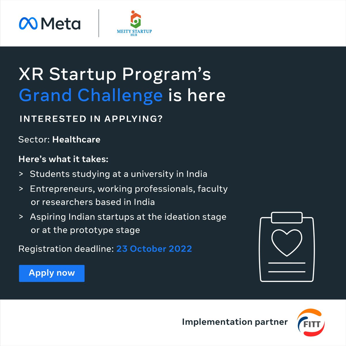 fitt_iitd's tweet photo. #Innovators in the #healthcare sector will get opportunities to participate and present at industry events with the #XRStartup Program’s Grand Challenge. Don’t wait to sign up. 
To apply - https://t.co/EBoq4CCz4k 

#startups #funding #AR #VR #mixedreality #metaverse #technology https://t.co/0RvhaFwzNn