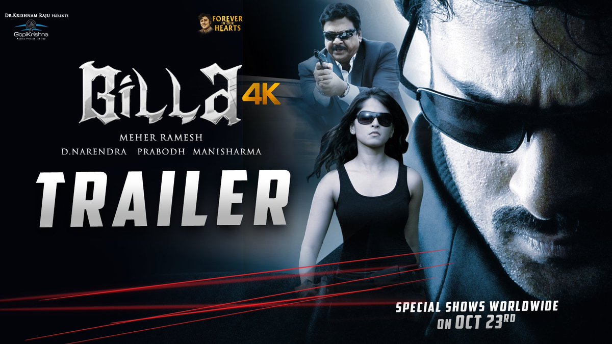 Here's #Billa Special Trailer ▶️ youtu.be/fFxCTzjYlUc #Prabhas' Birthday Special Shows of #Billa4K on October 23rd Worldwide 🔥 #KrishnamRajuGaru #ForeverInOurHearts ❤️ @MeherRamesh @GopiKrishnaMvs @MsAnushkaShetty @actorsubbaraju @PraseedhaU #Billa4K