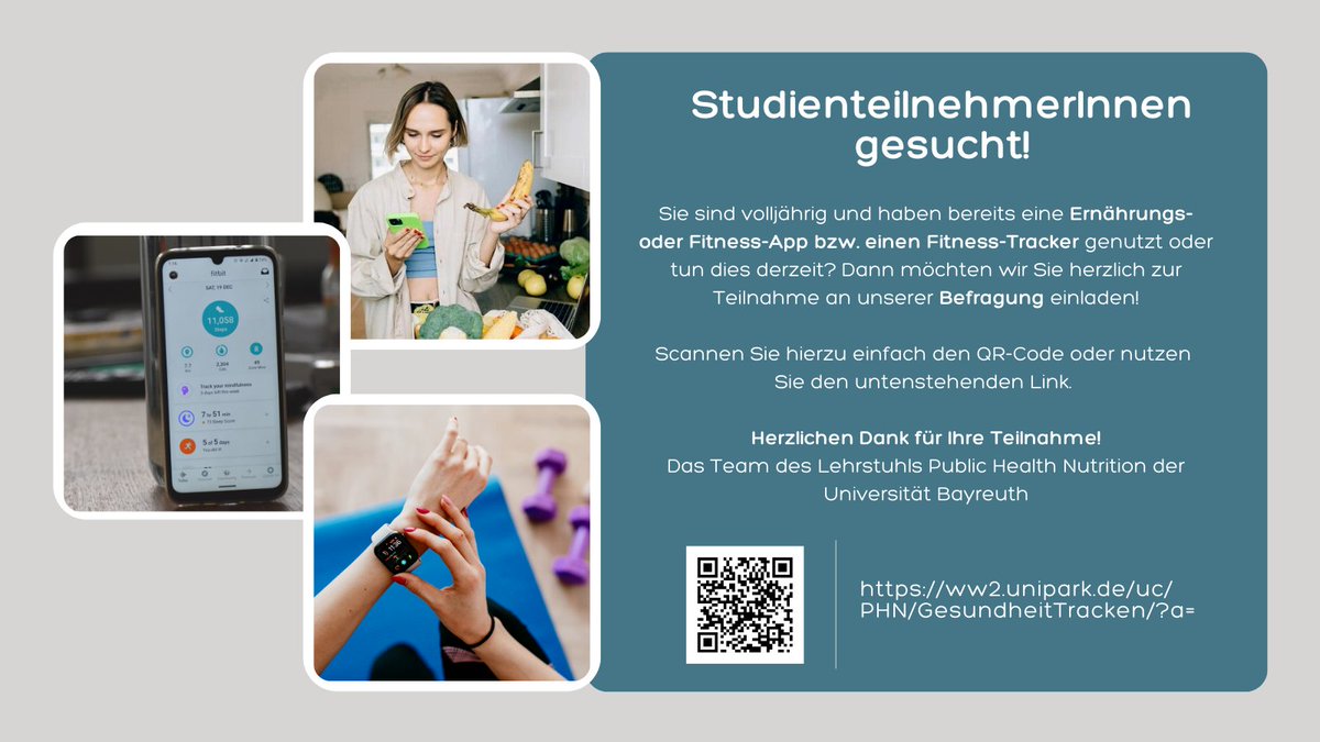 Sie nutzen Fitnesstracker oder eine App, um ihre Ernährung oder Bewegung aufzuzeichnen? Wir interessieren uns dafür, welchen Nutzen Sie daraus ziehen. Nehmen Sie jetzt an unserer Studie teil: ww2.unipark.de/uc/PHN/Gesundh…
#QuantifiedSelf #Gesundheit